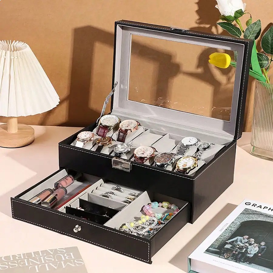 Horlogebox met 12 vakken en la - Watch Display Box recensie en prijs